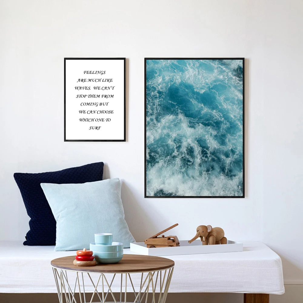 Unframed Nordic Style Canvas Print Painting Posters of Sea Water Waves and Quote,Wall Pictures For Living Room