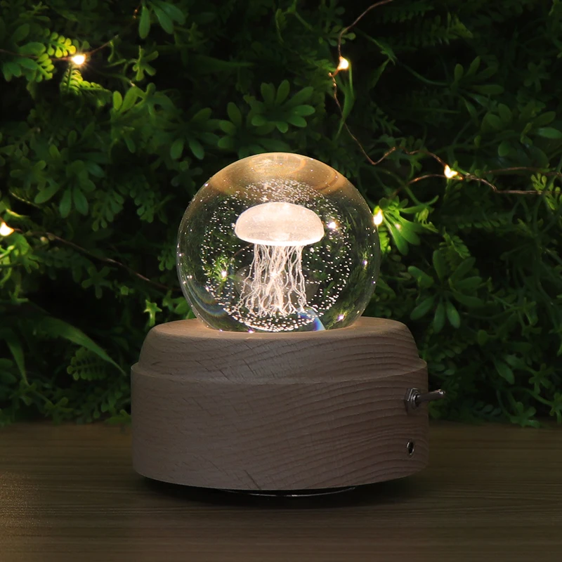 KC Certified Jellyfish Crystal Ball Music Box Led Night Light Wood Base Rechargeable Decoration Kids Bedroom Light