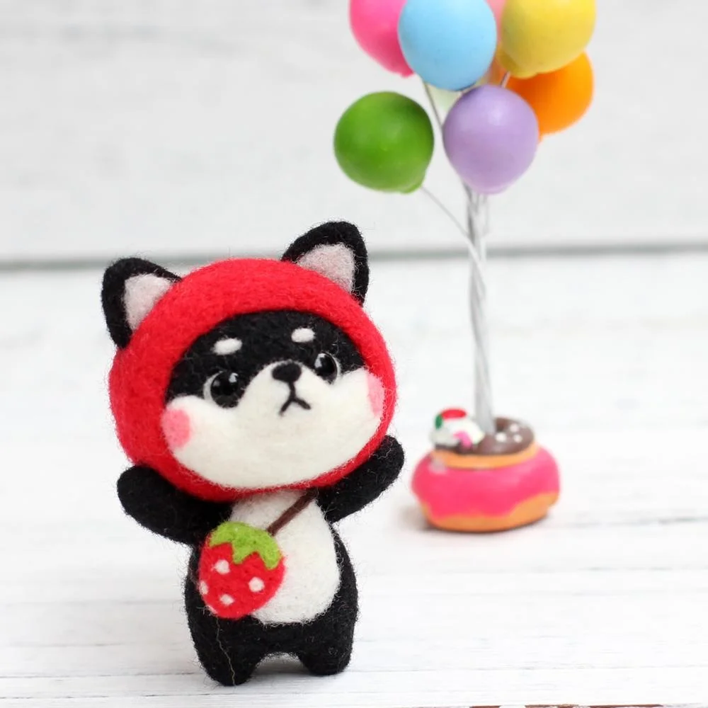 NO.9 Strawberry Black Shiba Inu DIY Handmade Felt Toy Wool Needle Felting Kit