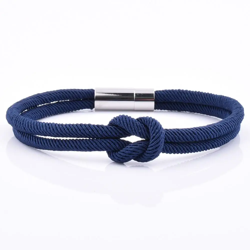Factory Wholesale Knot Navy Blue Nylon Bracelet With 18K Gold Magnetic Clasp Engraved Logo Rope Bracelet