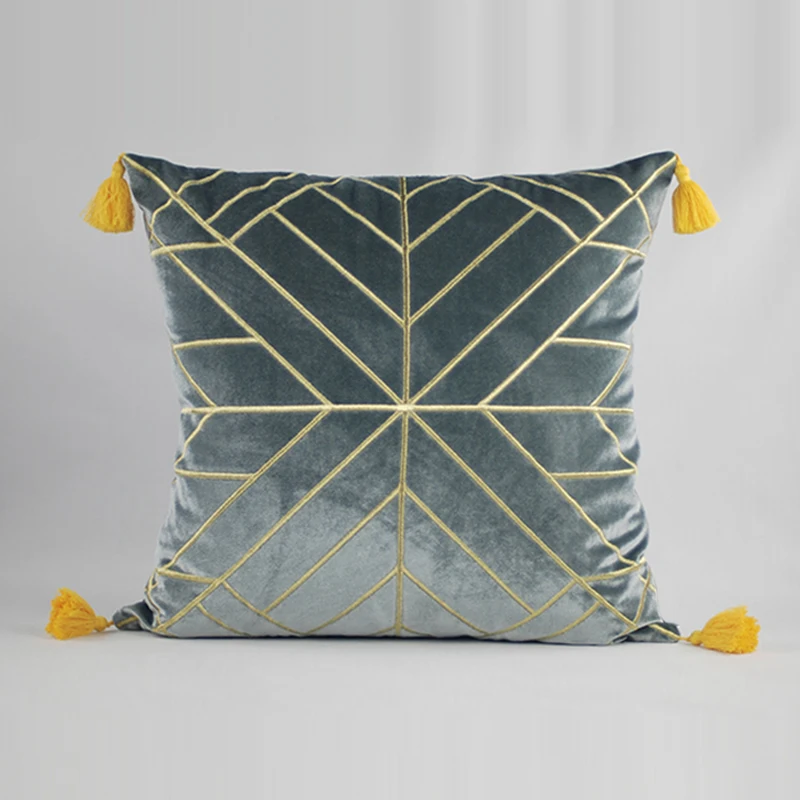 Large 60 x 60 Luxury Designer Geometric Gold Tassel Fringe Velvet Cushion Cover