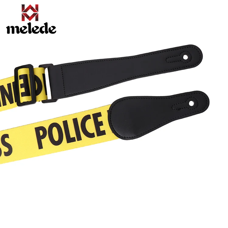 
Thermal transfer polyester yellow police line bass electric anime guitar strap with PU leather ends polyester webbing strap 