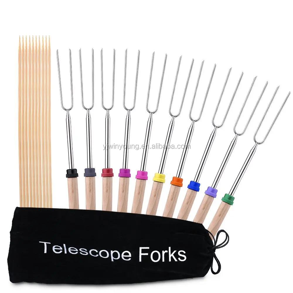 stainless steel camping telescoping fork with Multi-colored wood handles in travel canvas pounch