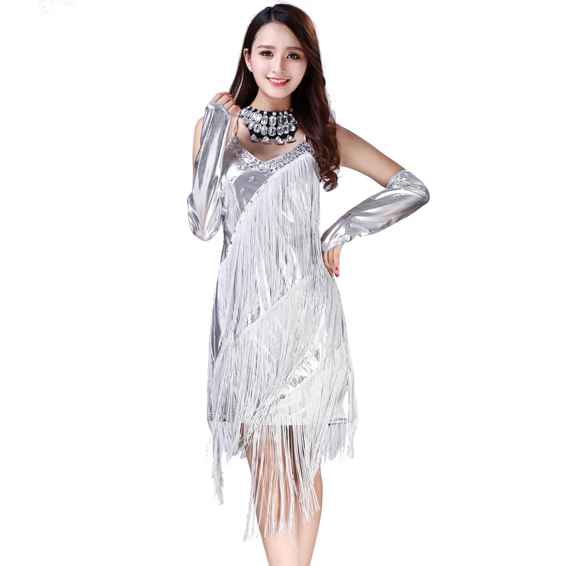 Silver Hot Skating Dance Wear Costumes Latin Jazz Stage Performance Dress Girls Latin Dress with Long Tassel