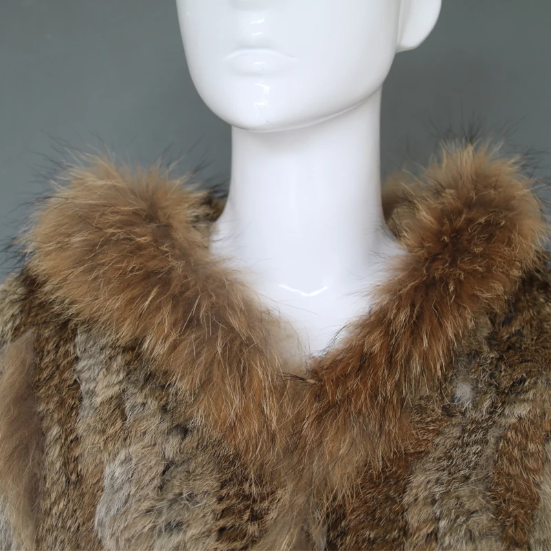 Genuine rabbit fur knitted poncho with hood for women real raccoon fur trim cape wholesale
