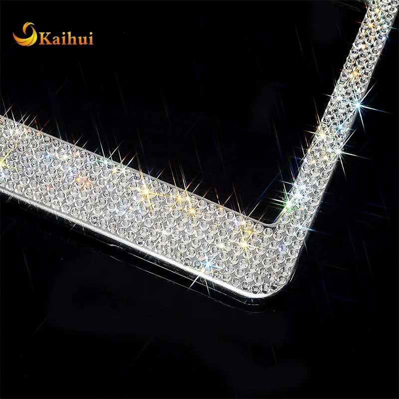 2 Pack Luxury Handcrafted Bling White Rhinestone Premium Stainless Steel License Plate Frame with GiftBox