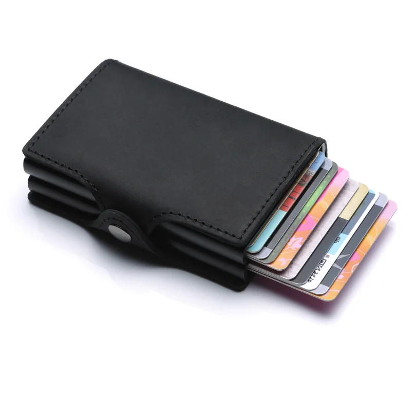 Credit Card Holder Genuine Leather Wallet With Two Aluminum RFID Blocking Holders Antimagnetic Boxes