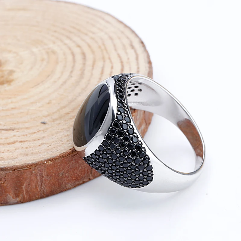 925 Sterling Silver Black Enamel Rings with Black Cubic Zirconia Stones Unique Vintage  Ring for Men