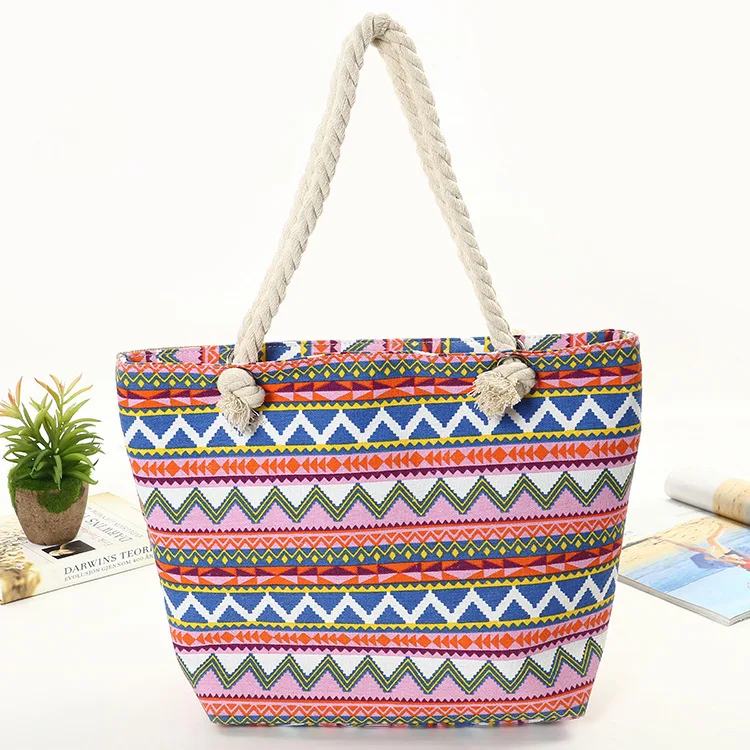 Wholesale Aztec Print Pattern Canvas Beach Tote Bag With Grommet Handles