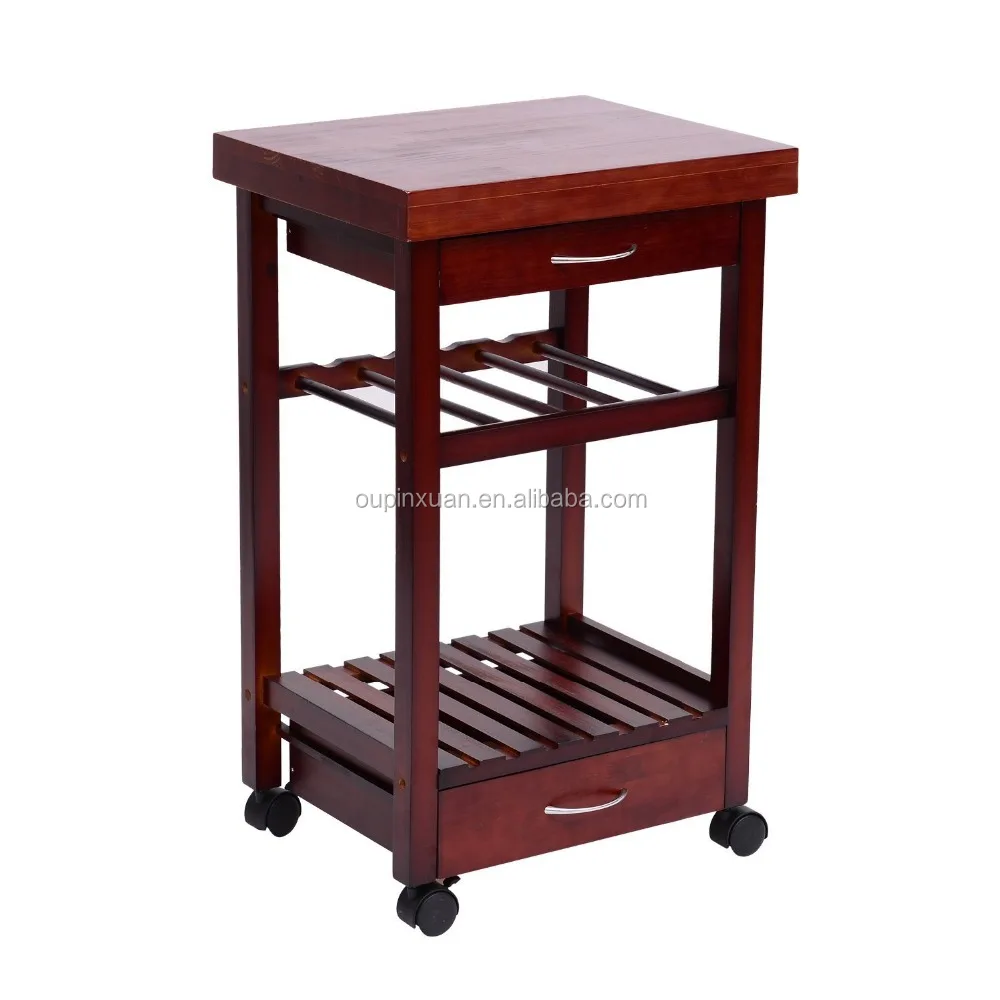 
Pine wood Kitchen Trolley with two Drawer & wine rack 