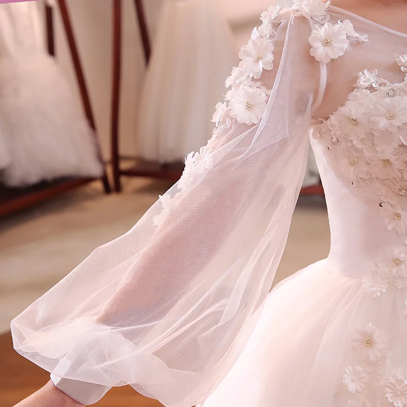 2018 Luxury Flower Ball Wedding Dresses Royal Bridal Gowns Lace Up Back Long Sleeves Wedding Dress