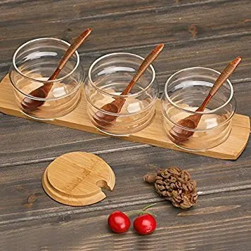 Glass Condiment Jars with bamboo tray and wood spoon for  sugar bowls, tea storage, holding dressings, dipping, salad bar servin