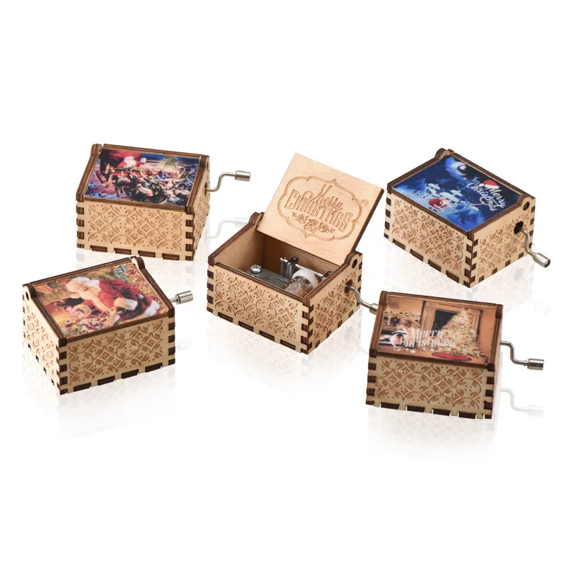 Amazon Hot sale custom wooden music box christmas song kids gifts mini hand cranked santa claus wood music box for sale