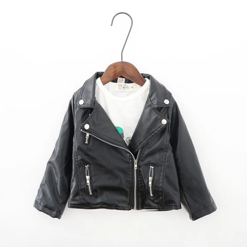 Hao Baby 2022 New Style Fur Coats Kid Black Leather Jacket Children Short Lapel Love Printed Jacket