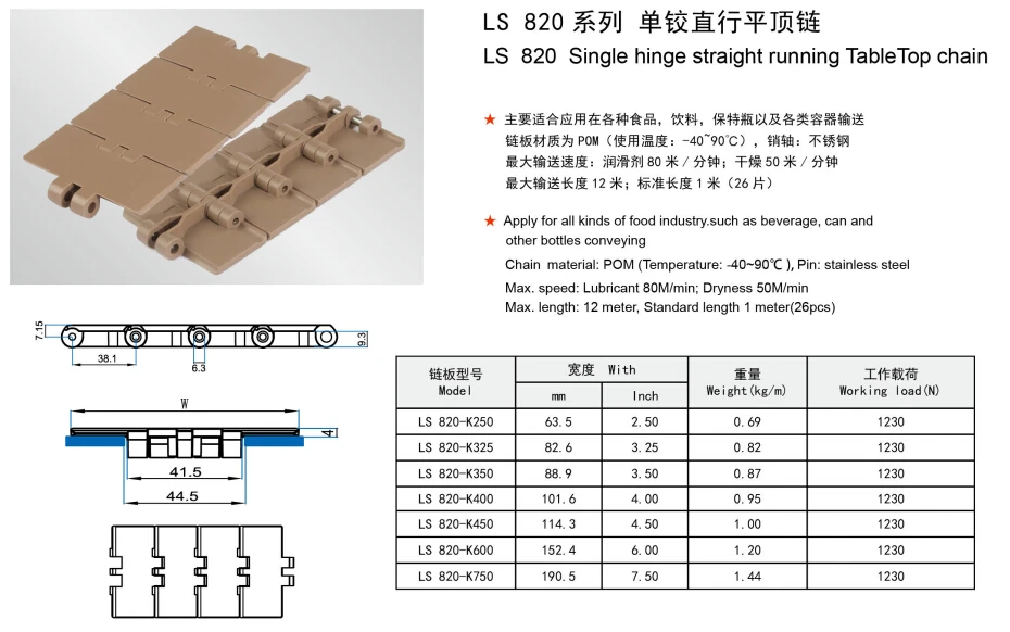 PL820slat top chain for bottle chain conveyor