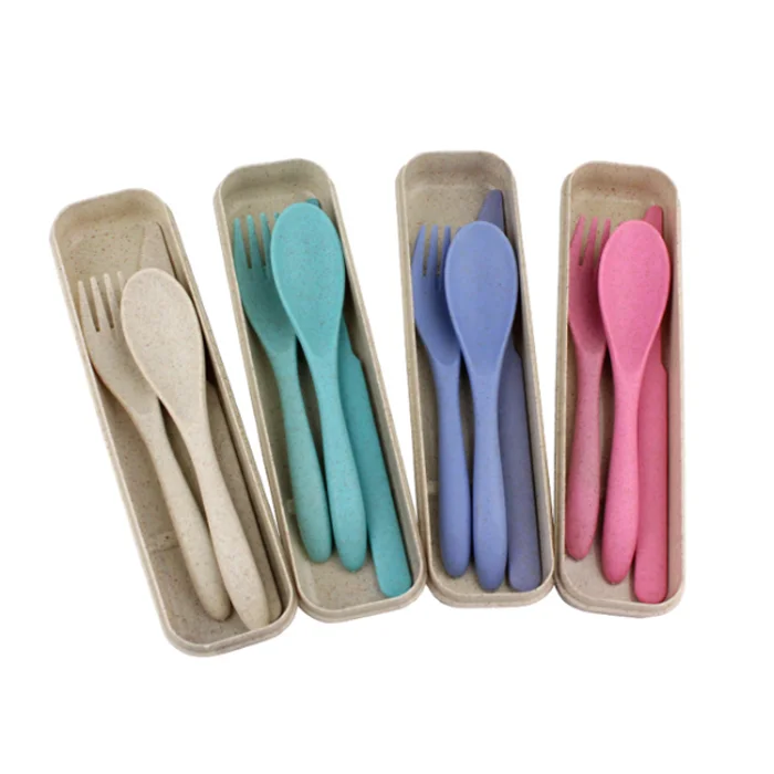 
Portable wheat straw plastic fork spoon knife cutlery flatware set for travel 