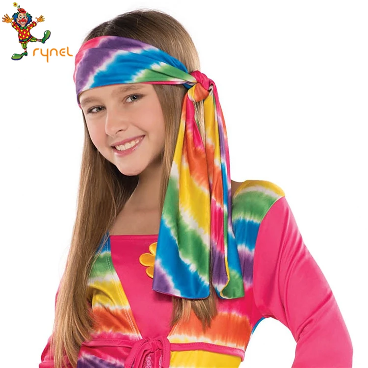 PGCC5625 Custom Rainbow Color Kids Girls Hippie Costume 60s 70s Halloween Party Fancy Dress Costume
