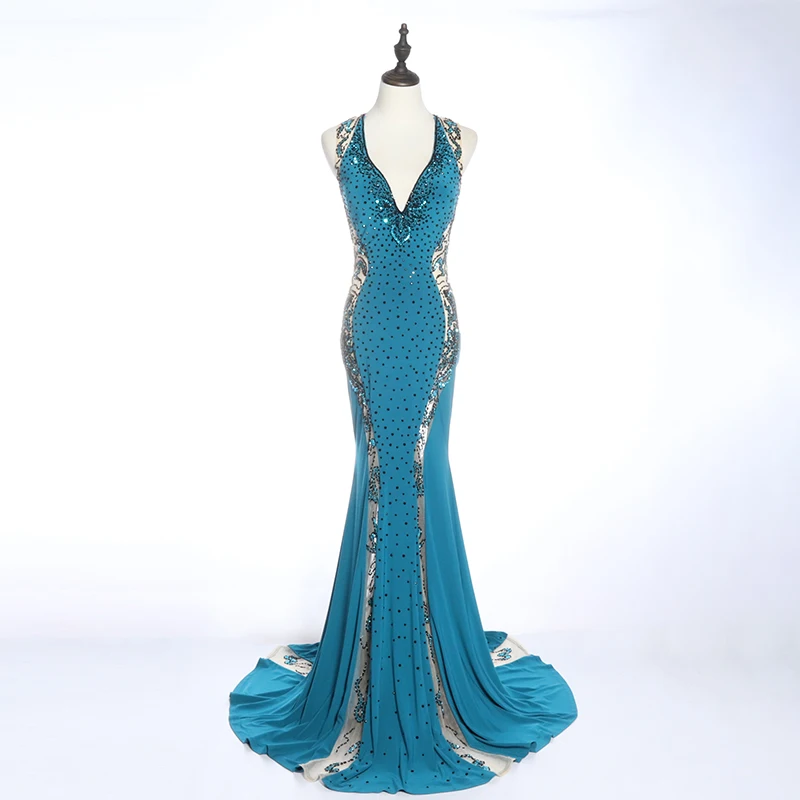 Elegant beaded blue ceremony apparel open back long mermaid evening dress