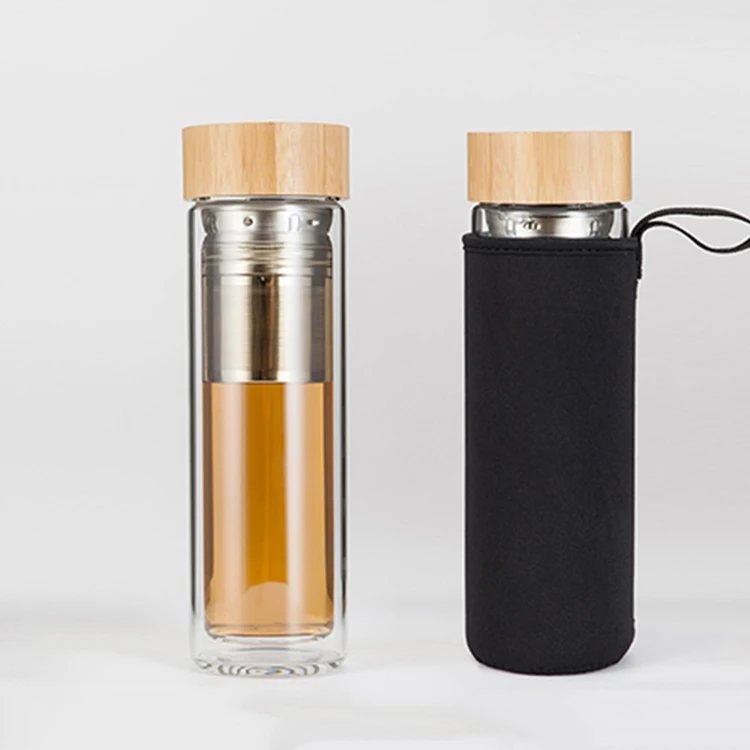 Food Grade BPA Free Travel Size Bamboo Lid Glass Drinking Water Bottle With Tea Infuser