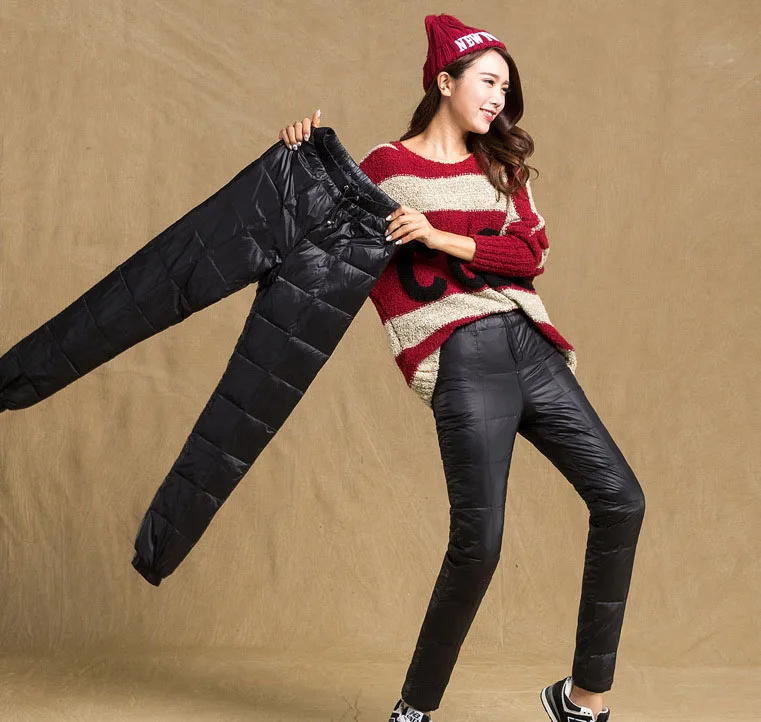 Custom logo outdoor nylon long winter white duck down filled pants women