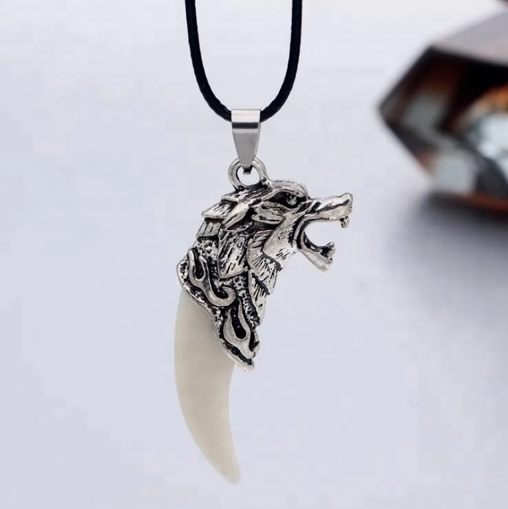 Xus Korean Ivory White Wolf Head elephant tooth pendant necklace jewelry for men
