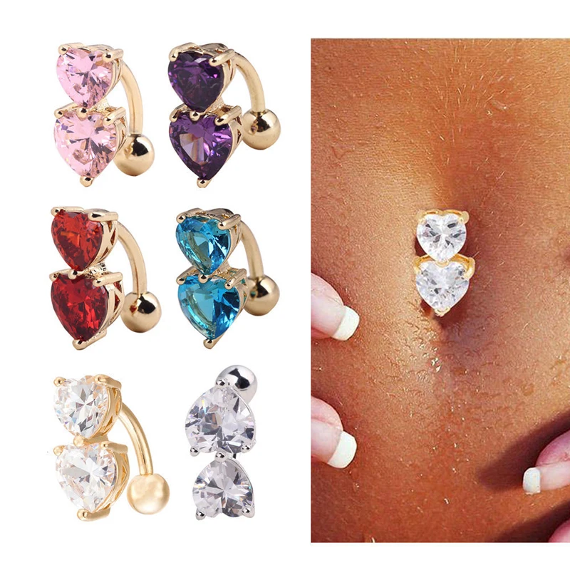 5 Colors Double Heart Zircons Belly Button Ring , 316L Stainless Steel Navel Piercing Navel Bar Body Jewelry