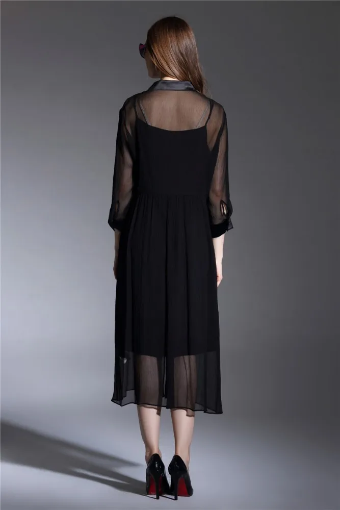 women plus size plain color silk chiffon long 3/4 length sleeves shift dress with knitted slip dress inner