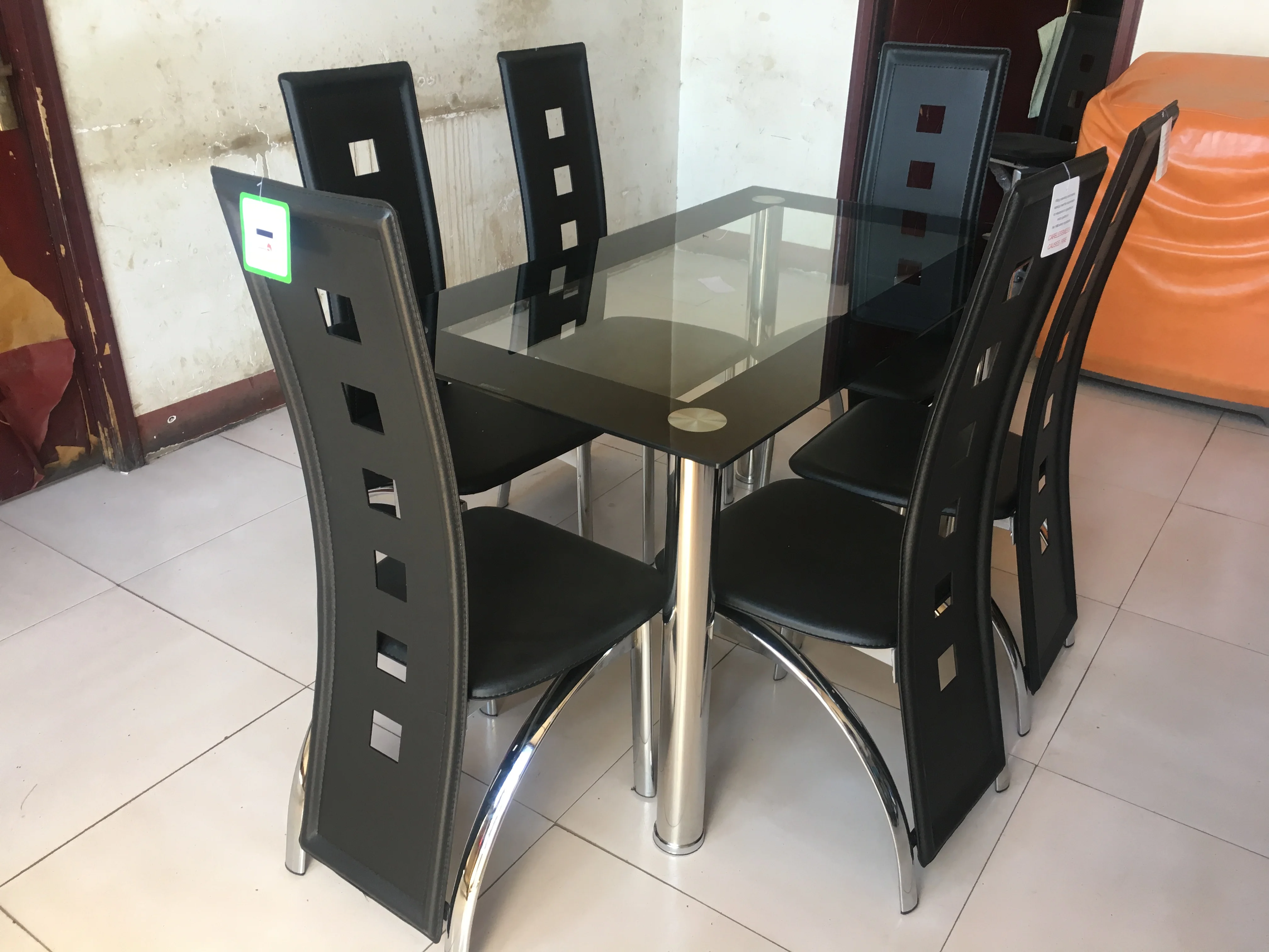 
Modern Furniture Glass Kitchen Dining Dinette Top Dining Set 6 Person Dining Table and Chairs Set 