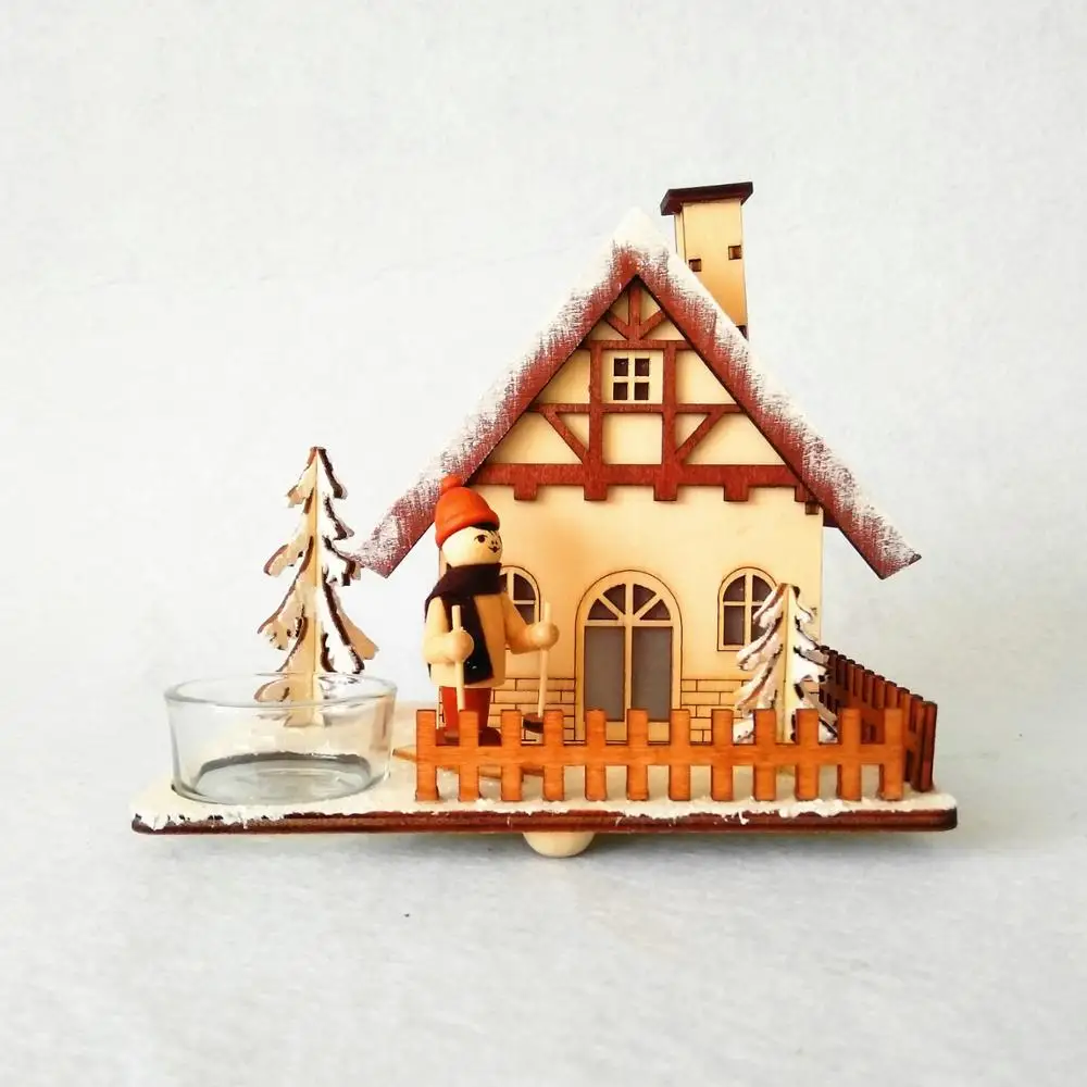 Natural wooden led light Christmas smoker house decoration with tealight holder