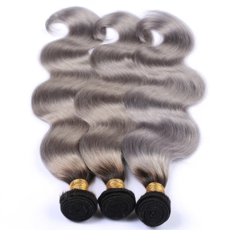 Wholesale Grey Brazilian Human Hair Weaving 1b Grey Ombre Remy Two Tone Hair Extension Grey Hair Top Closure