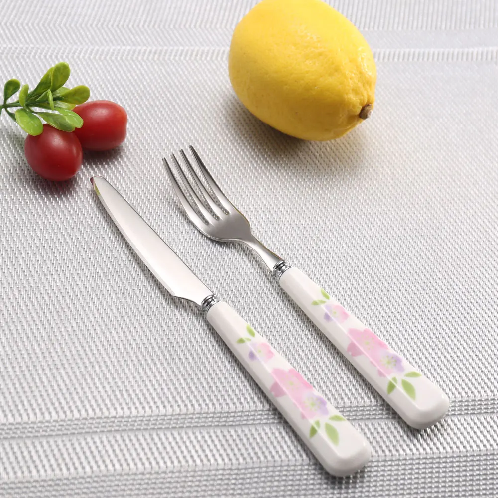 Cathylin flora ceramic handle stainless steel 18-10 dinner dessert silver spoon cutlery, flatware set