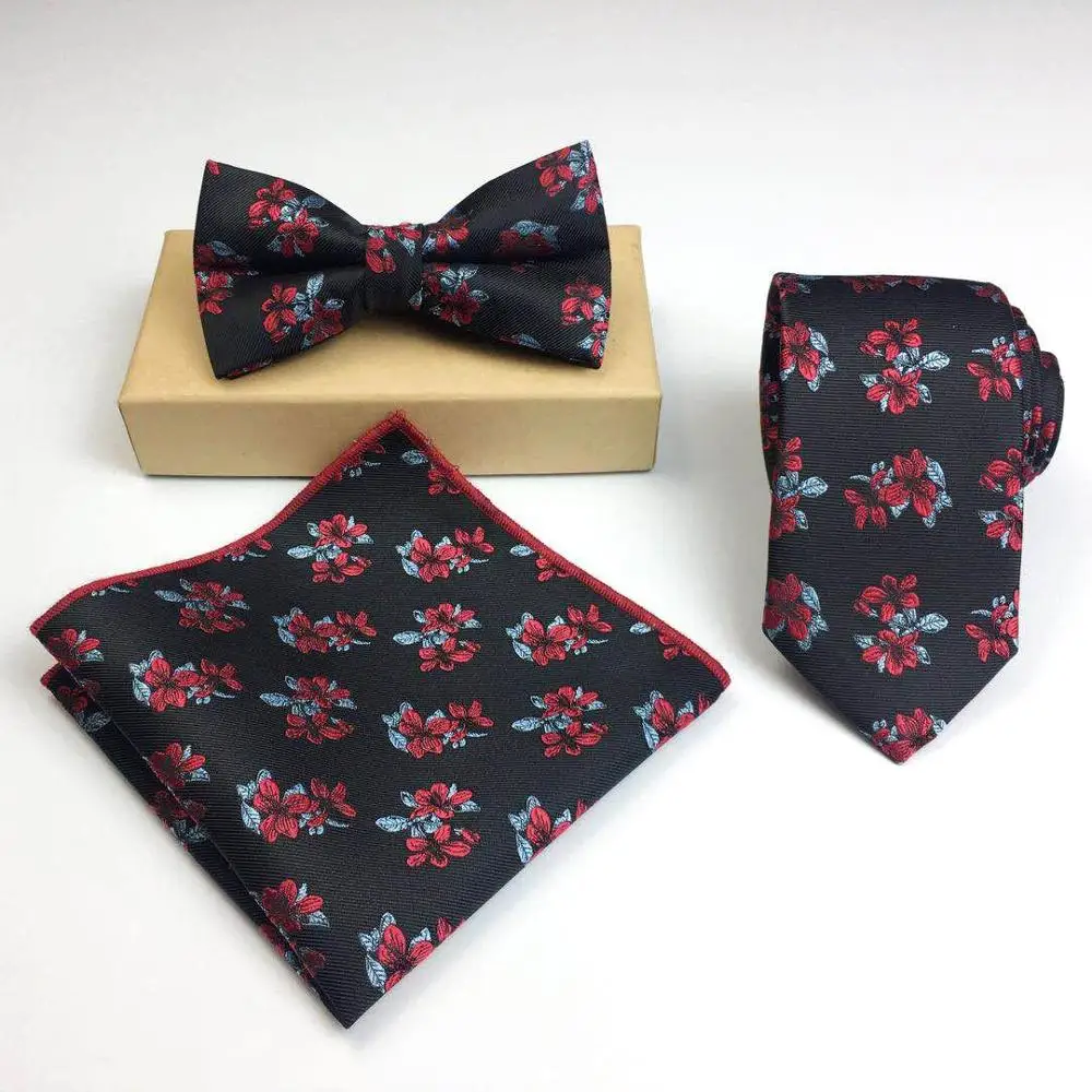 Мужском стиле полиэстровый галстук с цветочным принтом с галстуком-бабочкой и нагрудный платок комплект