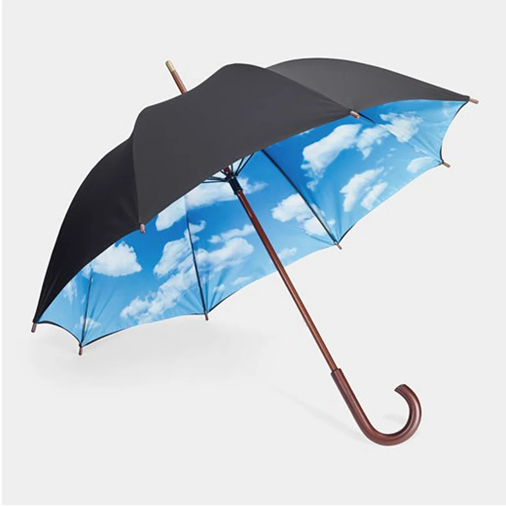 Auto Open Double Canopy Blue Sky White Clouds Print Wooden Handle Umbrella