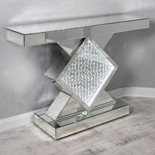 Блестящий серебряный зеркальный бриллиантовый стол со скошенными кристаллами