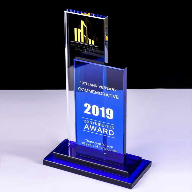 
Sandblasted two-layer glass awards crystal trophy for government gifts 