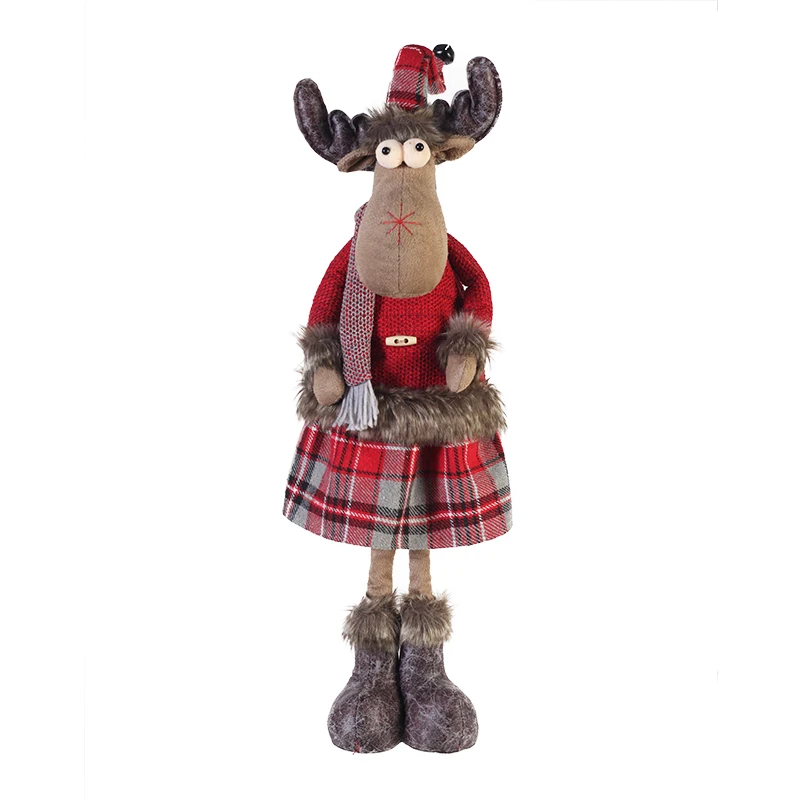 Boy and girl holiday indoor decoration 28 inch standing red tartan fabric plush figurines christmas reindeer