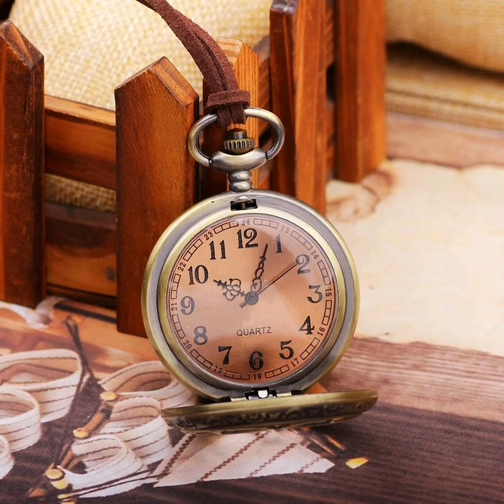 Retro Alloy Bronze Sunflower Pattern Pendant Watch Vintage Leather Rope mechanical Pocket Watches for women men