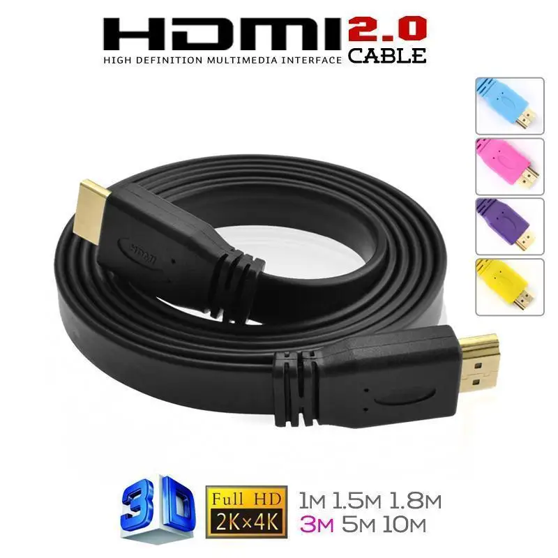 Золоченый плоский кабель 2.0V HDMI тип папа 1080P 4Kx2K 3D Ethernet 3м