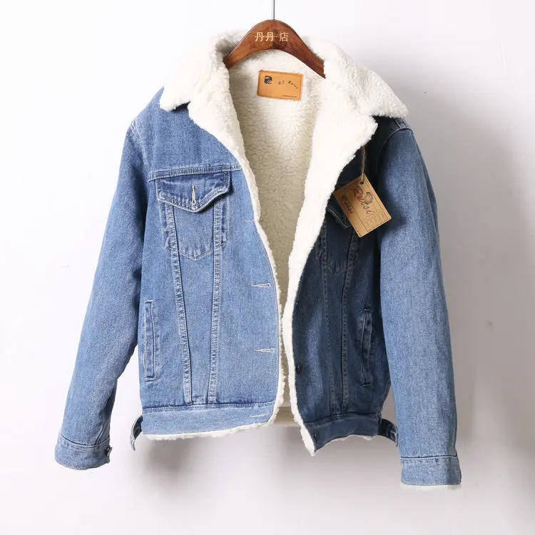 light blue high quality winter woman denim jacket with fur lining/denim jackets in bulk