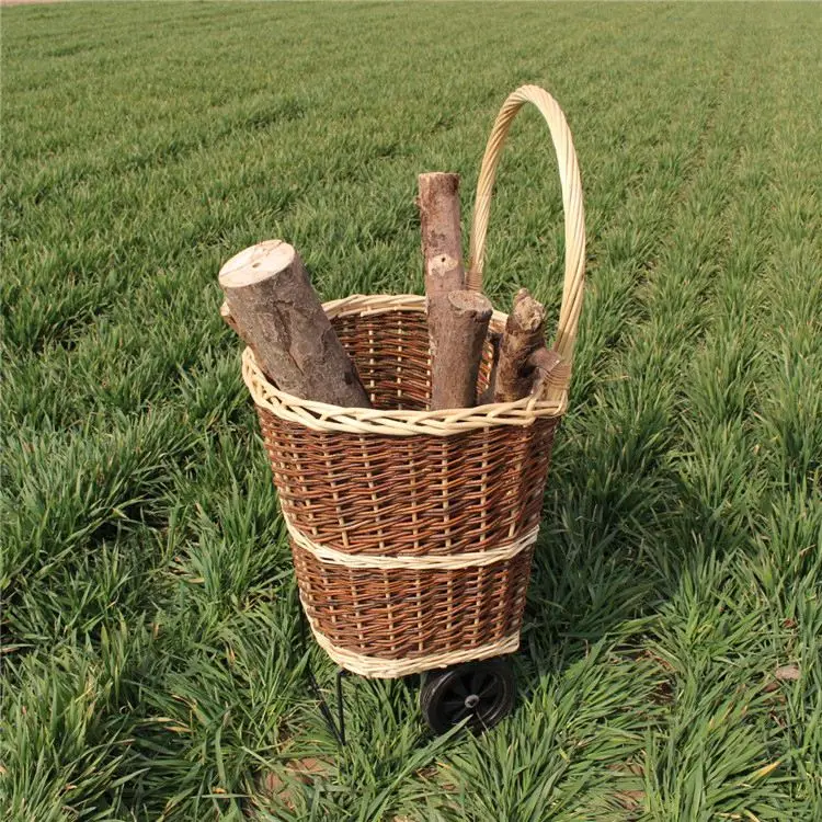 Round Willow Art Woven Fireplace Wood Basket With Wheel Trolley