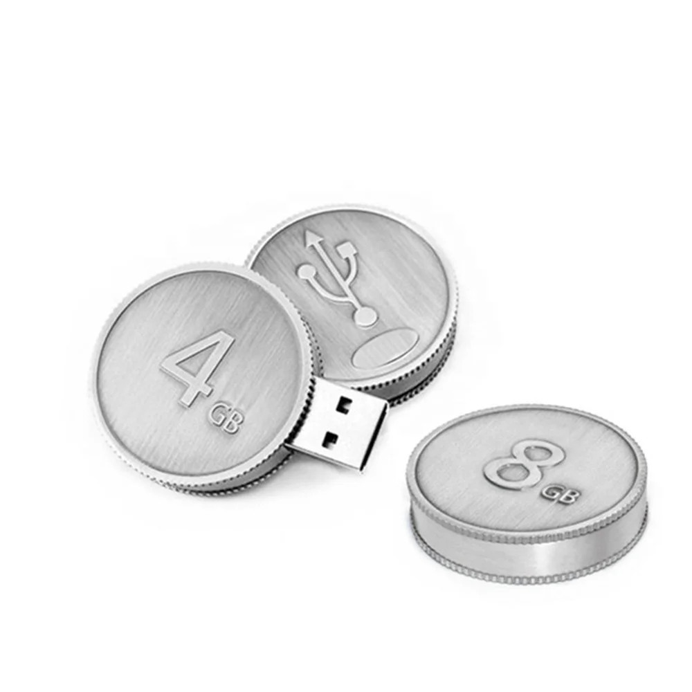 Newest Design Metal Coins Portable USB Pendrive Round Shape Tokens Custom Logo Silver/Gold Coin Acceptor Memory Stick 16G/32G