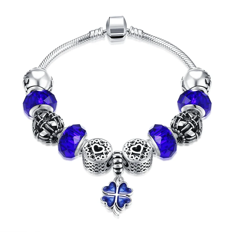 Fashion Silver Color Sapphire Glass Beads Bracelet Four Leaf Clover Enamel Metal Charm Bracelet for Women