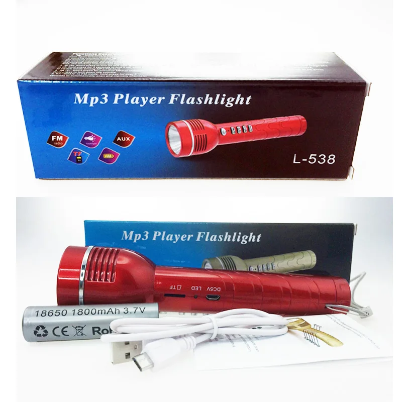 
portable handheld flashlight tf card mp3 music player led torch with charging usb 