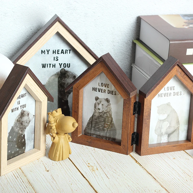 Creative Gift Frame Creative Style Brown Color MDF Material House Shape Hinged Wooden Picture Photo Frame