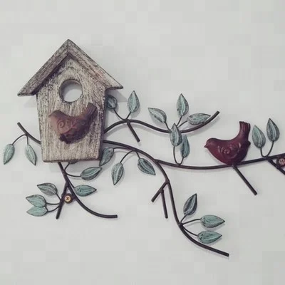 Metal bird branch birdhouse wall art