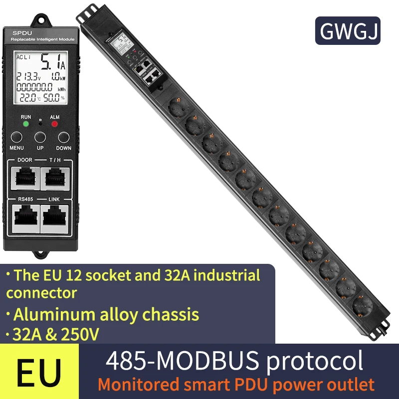 1.5U intelligent monitoring type PDU power socket 12-bit EU socket 32A input vertical installation 485Modbus-RTU protocol casca