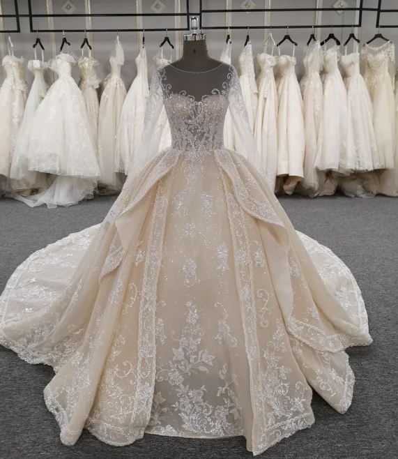 Champagne Wedding Dress 2021 Luxurious Long Sleeves Embroidered Cathedral/Royal Train Wedding Ball Grown