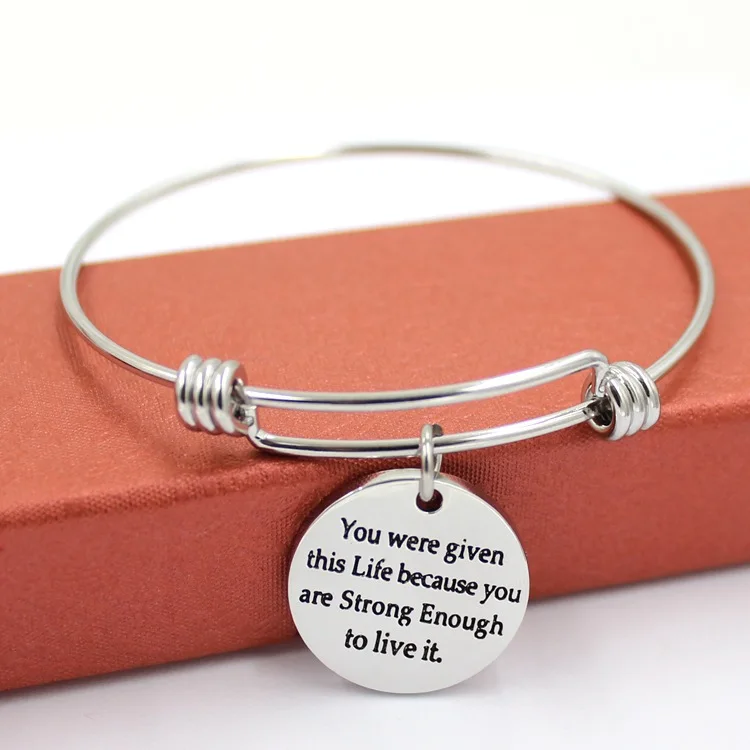 Womens Silver Stainless Steel message bracelet Engraved Message Motivational Inspirational Words Round Charm bracelet