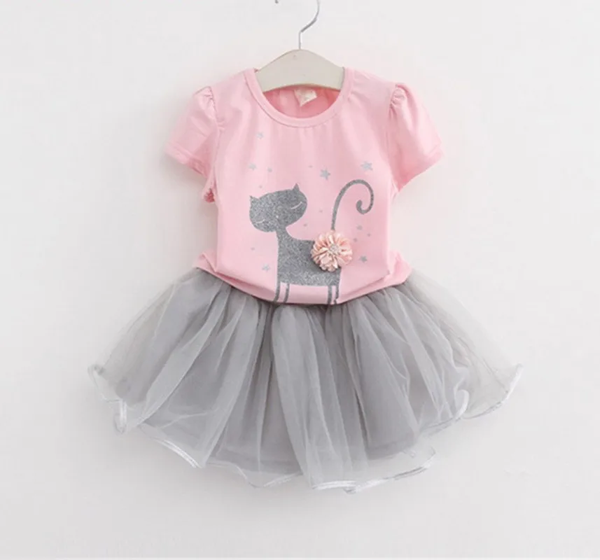 Hao Baby Europe And America Girl Children Wear Cat Cartoon Short Sleeve  Kid Skirt Dress