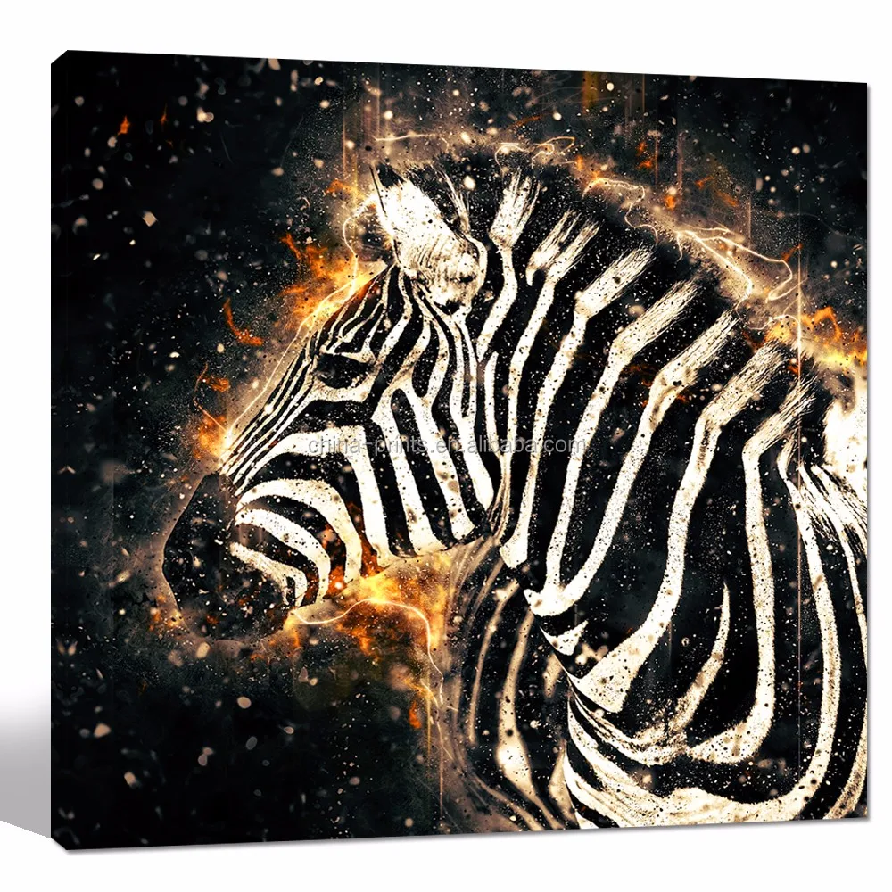 African Zebra with Fire Wall Art/Abstract Animal Picture Giclee Artwork/Modern Black and White Canvas Art